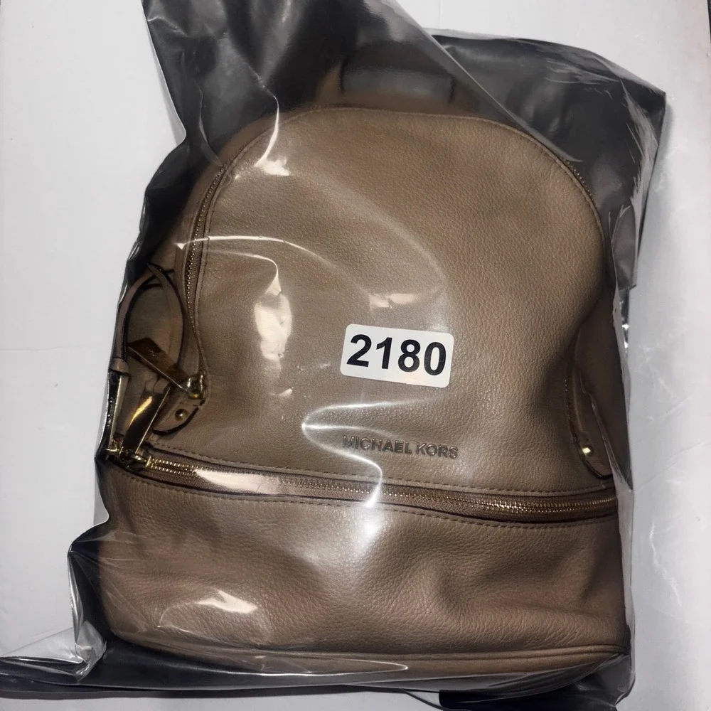 Michael Kors Rhea Zip Small Pebble Leather Backpack Truffle Tan Gold Tone Luxury